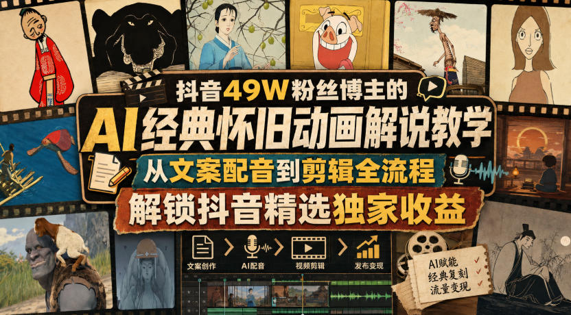 抖音49W粉丝博主的AI经典怀旧动画解说教学，从文案配音到剪辑全流程，解锁抖音精选独家收益-朽念云创