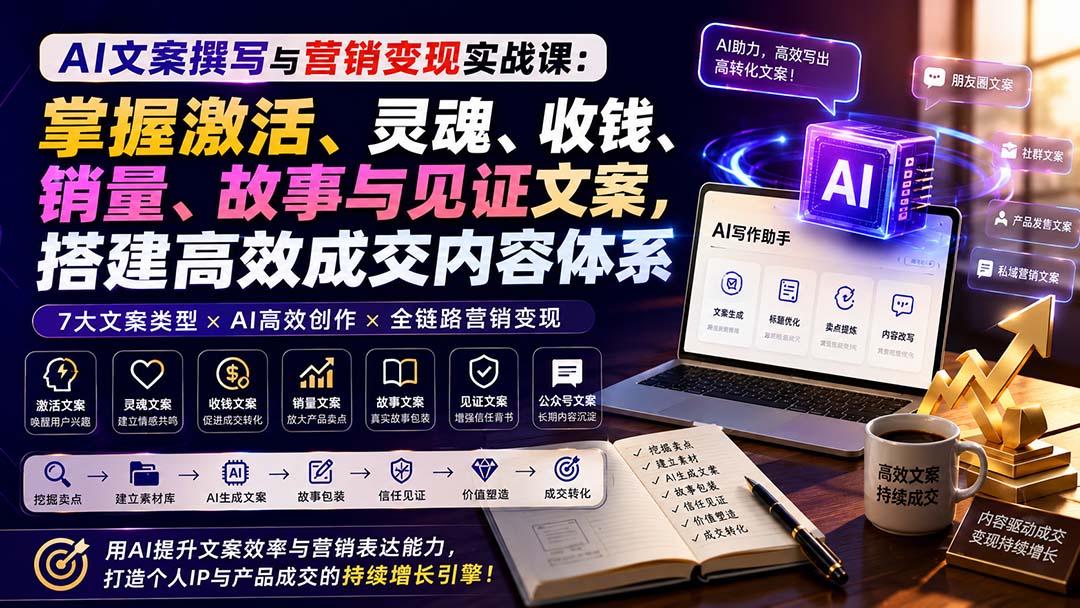 AI文案撰写与营销变现实战课：掌握激活、灵魂、收钱、销量、故事与见证文案，搭建高效成交内容体系-朽念云创