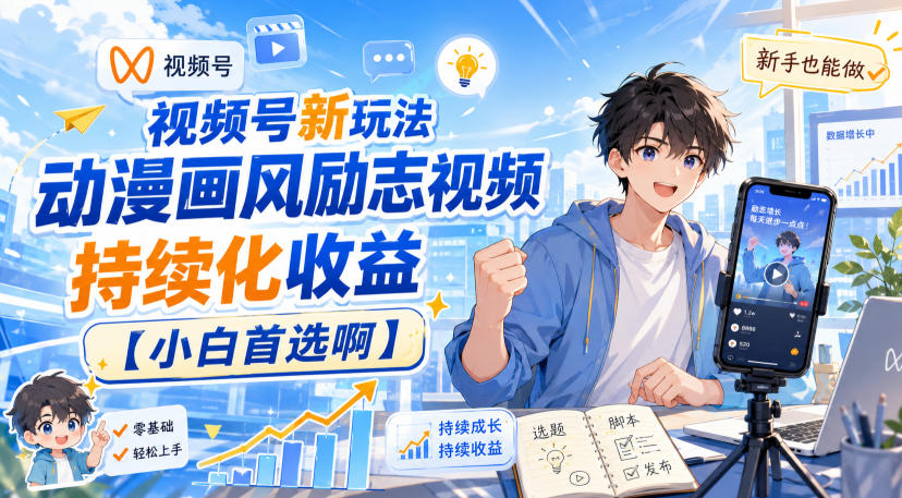 视频号新玩法动漫画风励志视频，持续化收益【小白首选啊】-朽念云创