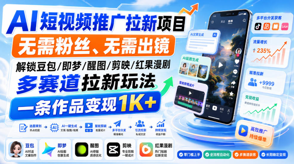 AI短视频推广拉新项目，无需粉丝、无需出镜，解锁豆包/即梦/醒图/剪映/红果漫剧多赛道拉新玩法，一条作品变现1K+-朽念云创
