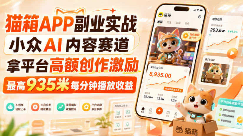 猫箱APP副业实战，小众AI内容赛道，拿平台高额创作激励，最高935米每分钟播放收益-朽念云创