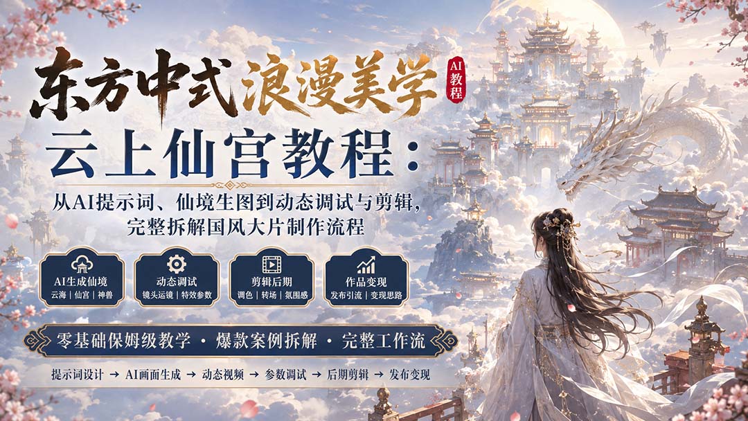 东方中式浪漫美学云上仙宫教程：从AI提示词、仙境生图到动态调试与剪辑，完整拆解国风大片制作流程-朽念云创