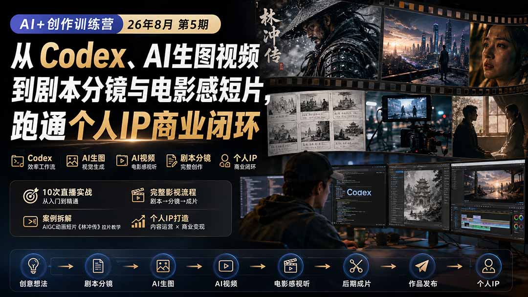 AI+创作训练营26年8月第5期：从Codex、AI生图视频到剧本分镜与电影感短片，跑通个人IP商业闭环-朽念云创