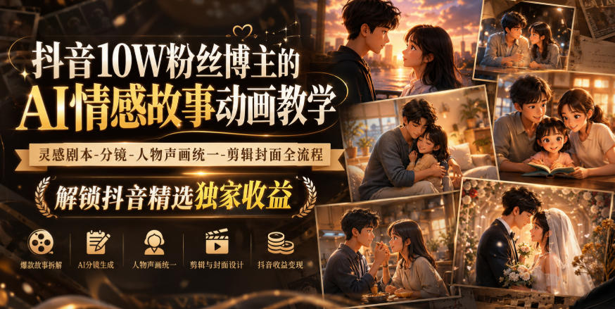 抖音10W粉丝博主的AI情感故事动画教学，灵感剧本‑分镜‑人物声画统一‑剪辑封面全流程，解锁抖音精选独家收益-朽念云创
