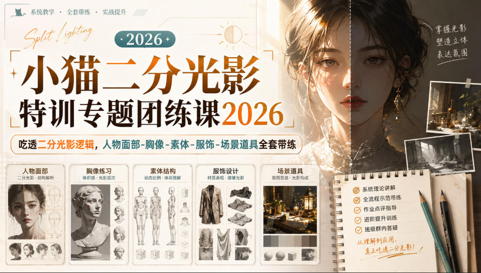 小猫二分光影特训专题团练课2026｜吃透二分光影逻辑，人物面部‑胸像‑素体‑服饰‑场景道具全套带练，高清画质附赠课件与笔刷-朽念云创