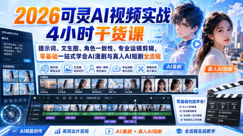 2026可灵AI视频实战4小时干货课｜提示词、文生图、角色一致性、专业运镜剪辑，零基础一站式学会AI漫剧与真人AI短剧全流程-朽念云创