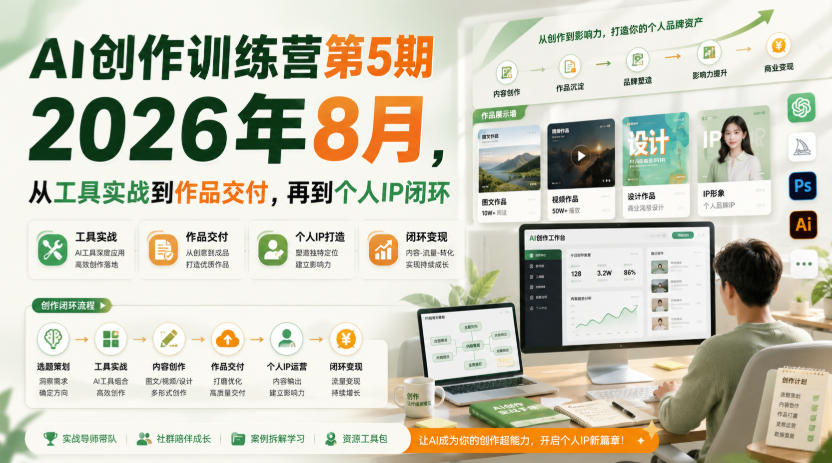 AI创作训练营第5期2026年8月，从工具实战到作品交付，再到个人IP闭环-朽念云创