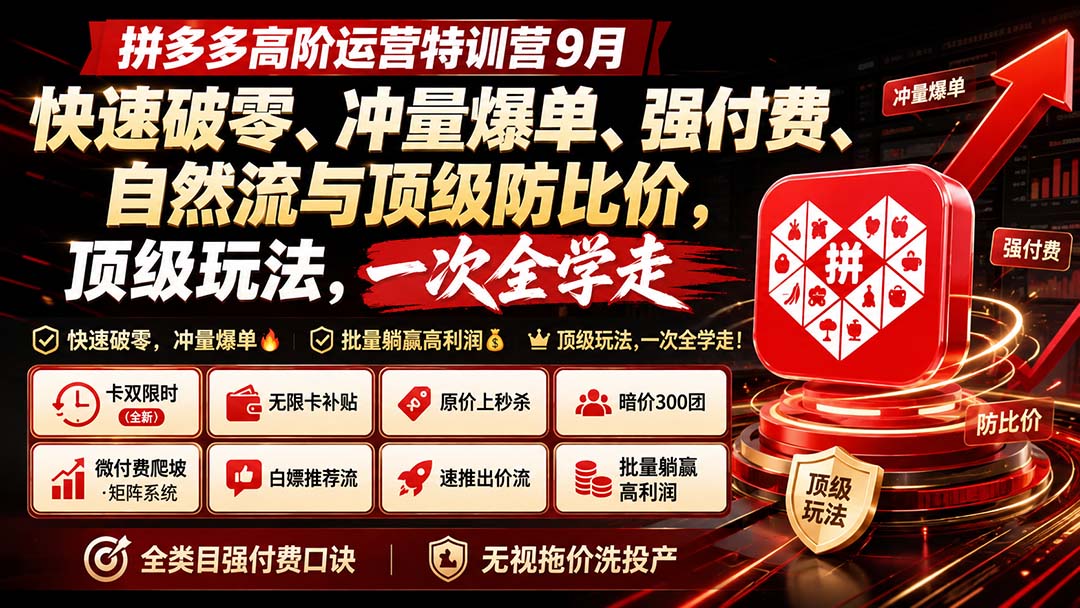 拼多多高阶运营特训营9月：快速破零、冲量爆单、强付费、自然流与顶级防比价， 顶级玩法，一次全学走-朽念云创