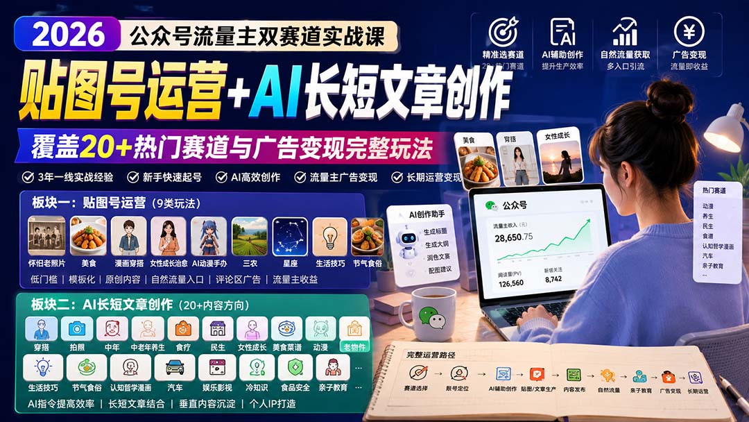 公众号流量主双赛道实战课：贴图号运营+AI长短文章创作，覆盖20+热门赛道与广告变现完整玩法-朽念云创