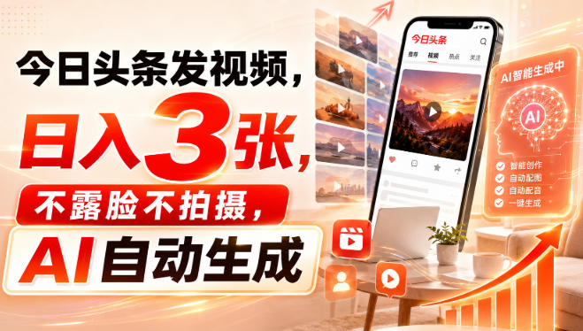 今日头条发视频，日入3张，不露脸不拍摄，AI自动生成-朽念云创