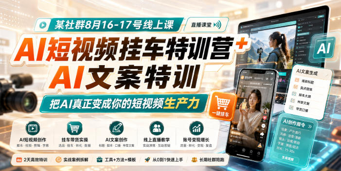 某社群8月16-17号线上课，AI短视频挂车特训营+AI文案特训，把AI真正变成你的短视频生产力-朽念云创