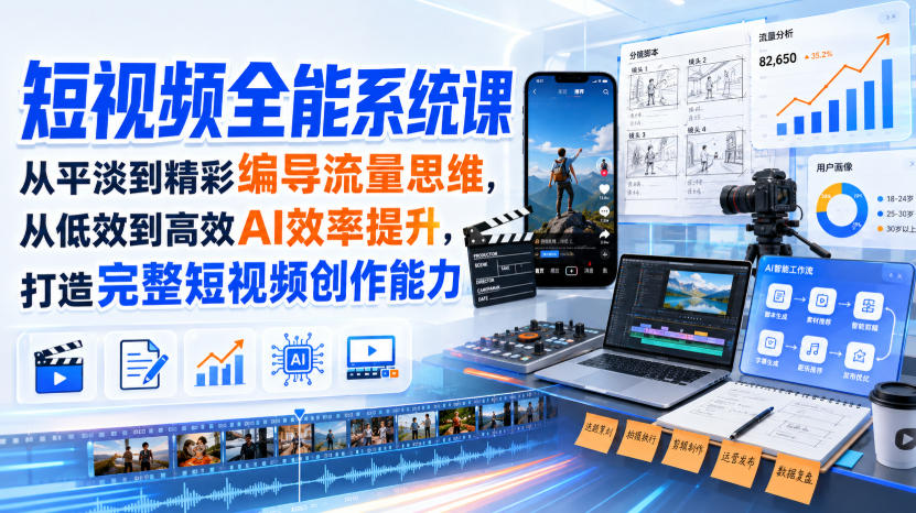 短视频全能系统课，从平淡到精彩编导流量思维，从低效到高效AI效率提升，打造完整短视频创作能力(2026年8月30更新233集)-朽念云创