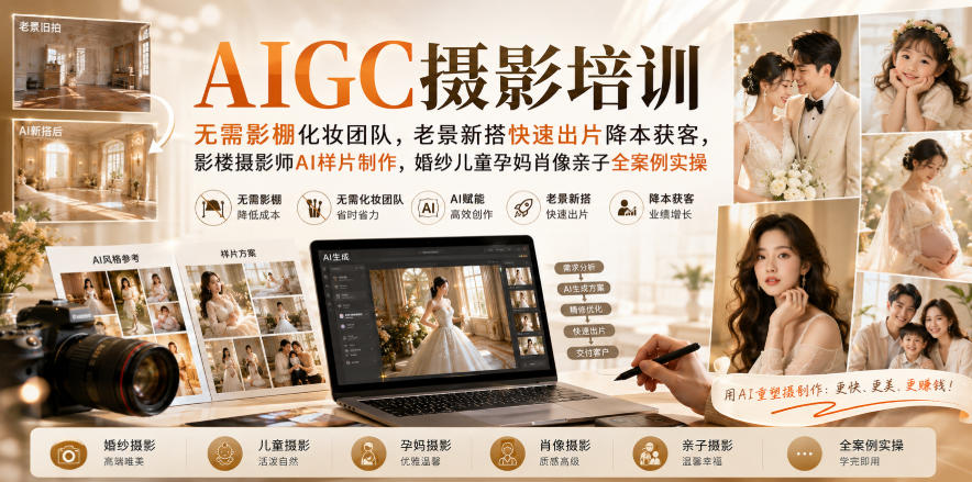 AIGC摄影培训｜无需影棚化妆团队，老景新搭快速出片降本获客，影楼摄影师AI样片制作，婚纱儿童孕妈肖像亲子全案例实操-朽念云创