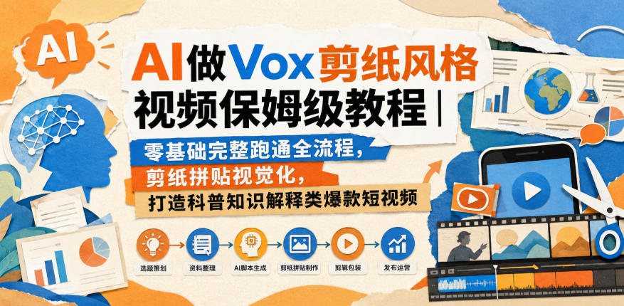 AI做Vox剪纸风格视频保姆级教程｜零基础完整跑通全流程，剪纸拼贴视觉化，打造科普知识解释类爆款短视频-朽念云创