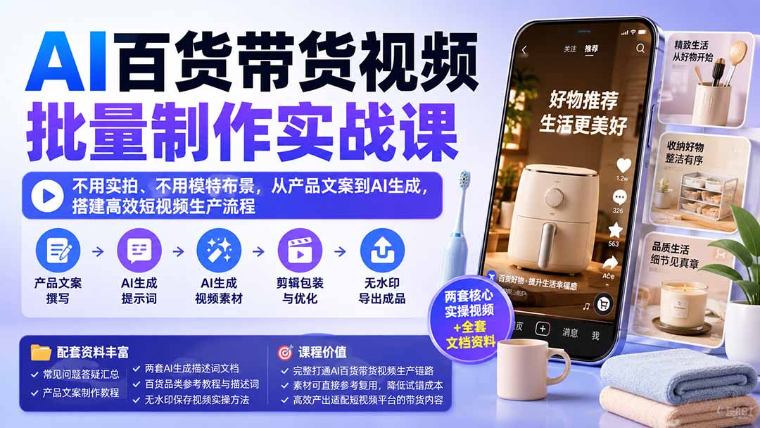 AI百货带货视频批量制作实战课：不用实拍、不用模特布景，从产品文案到AI生成，搭建高效短视频生产流程-朽念云创