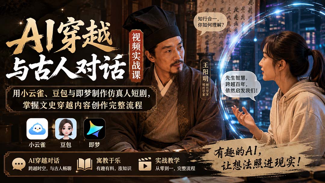 AI穿越与古人对话视频实战课：用小云雀、豆包与即梦制作仿真人短剧，掌握文史穿越内容创作完整流程-朽念云创
