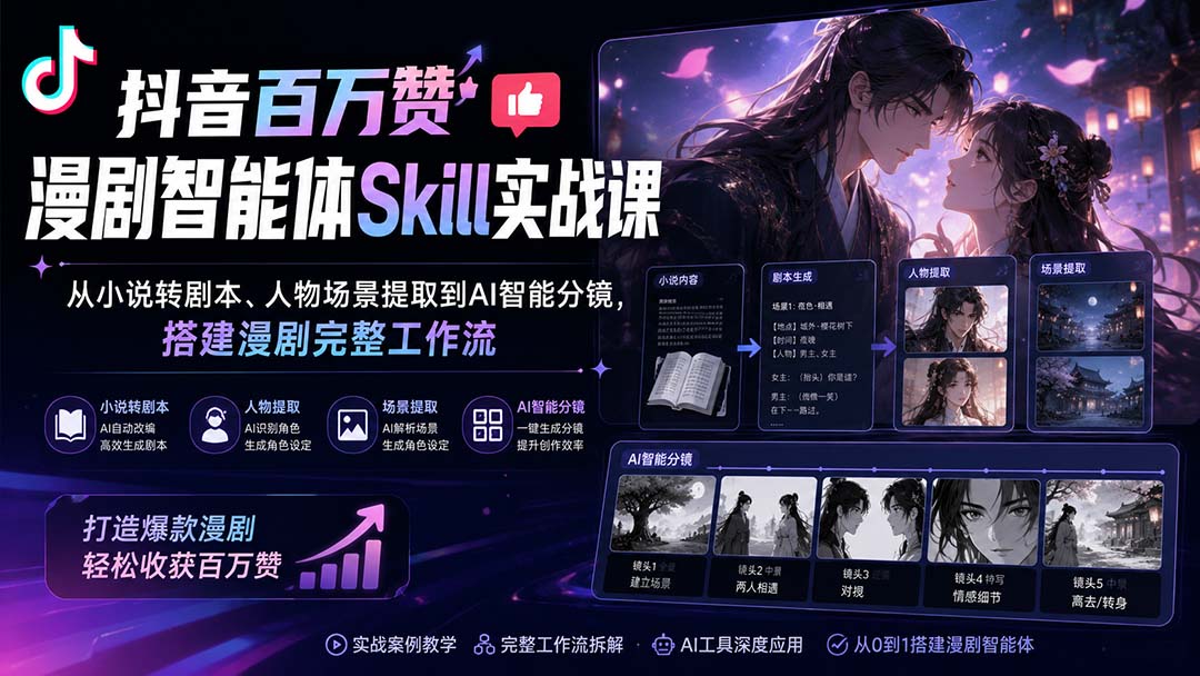 抖音百万赞漫剧智能体Skill实战课：从小说转剧本、人物场景提取到AI智能分镜，搭建漫剧完整工作流-朽念云创