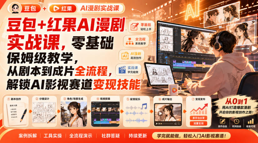 豆包+红果AI漫剧实战课，零基础保姆级教学，从剧本到成片全流程，解锁AI影视赛道变现技能-朽念云创