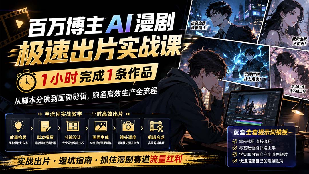 百万博主AI漫剧极速出片实战课：1小时产出条作品，从脚本分镜到画面剪辑，跑通高效生产全流程-朽念云创