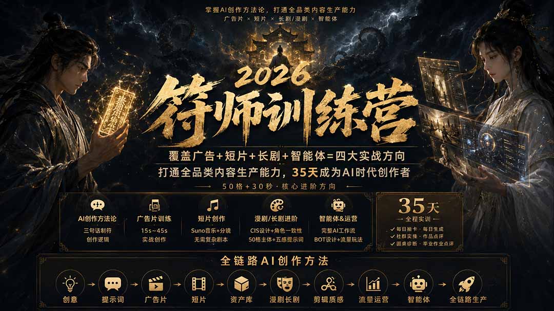 符师训练营-35天成为AI时代创作者，广告+短片+漫剧+智能体四大实战方向，掌握从创意到上线的完整工作流-朽念云创