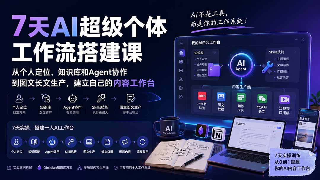 7天AI超级个体工作流搭建课：从个人定位、知识库和Agent协作到图文长文生产，建立自己的内容工作台-朽念云创
