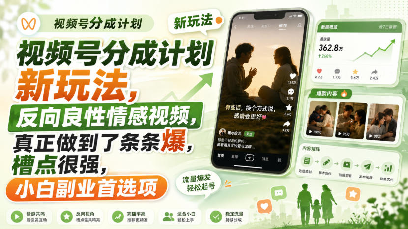 视频号分成计划新玩法，反向良性情感视频，真正做到了条条爆，槽点很强，小白副业首选项-朽念云创