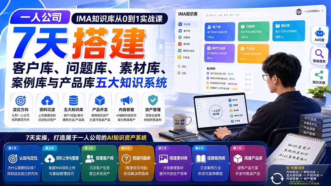 一人公司IMA知识库从0到1实战课：7天搭建客户库、问题库、素材库、案例库与产品库五大知识系统-朽念云创