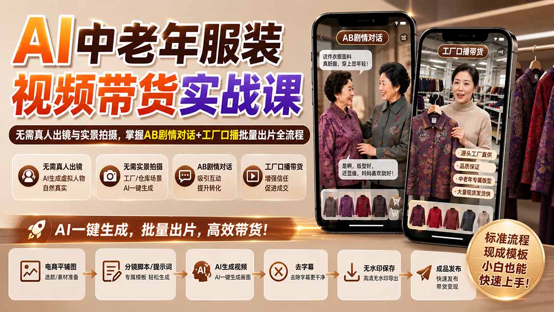 AI中老年服装视频带货实战课：无需真人出镜与实景拍摄，掌握AB剧情对话+工厂口播批量出片全流程-朽念云创