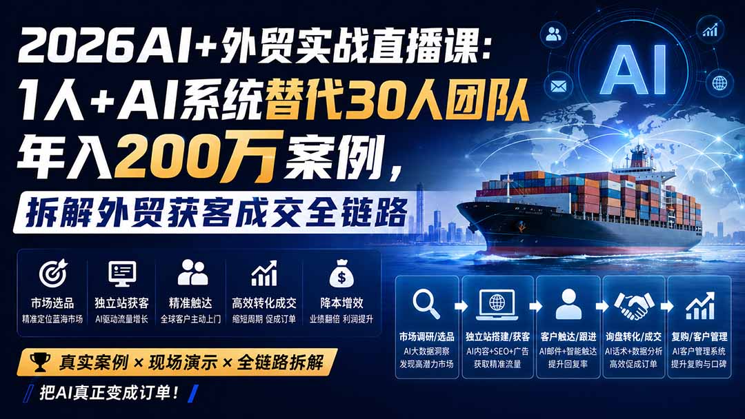2026AI+外贸实战直播课：1人+AI系统替代30人团队年入200万案例，拆解外贸获客成交全链路-朽念云创