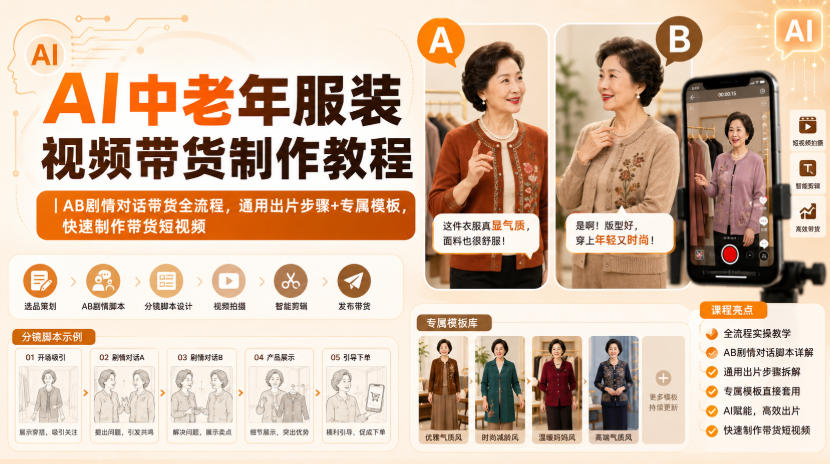AI中老年服装视频带货制作教程｜AB剧情对话带货全流程，通用出片步骤+专属模板，快速制作带货短视频-朽念云创