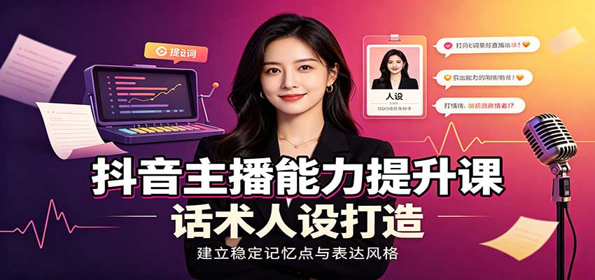 抖音主播能力提升课：账号底层逻辑，直播间搭建调试，话术人设打造全套教学-朽念云创