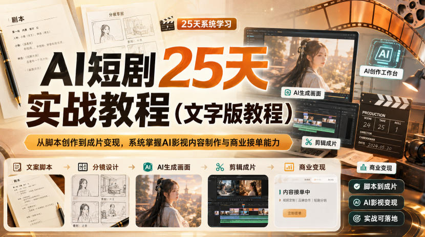 AI短剧25天实战教程(文字版教程)，从脚本创作到成片变现，系统掌握AI影视内容制作与商业接单能力-朽念云创