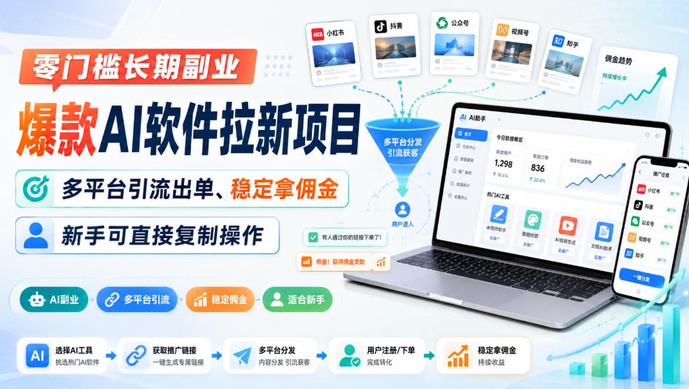 零门槛长期副业，爆款AI软件拉新项目，多平台引流出单、稳定拿佣金，新手可直接复制操作-朽念云创