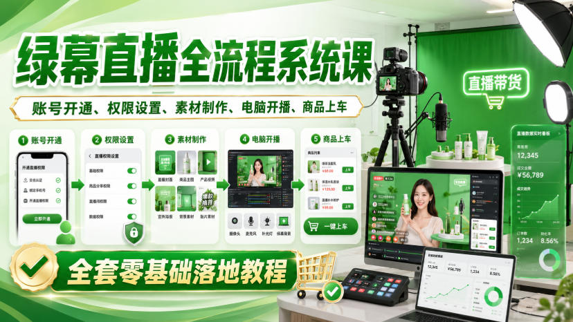 绿幕直播全流程系统课，账号开通、权限设置、素材制作、电脑开播、商品上车全套零基础落地教程-朽念云创