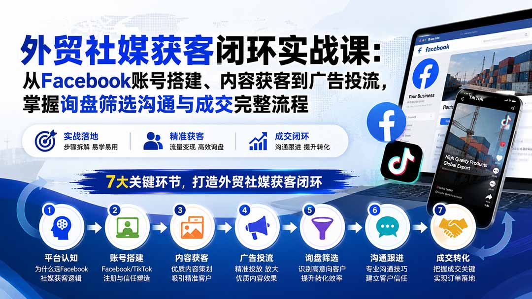 外贸社媒获客闭环实战课：从Facebook账号搭建、内容获客到广告投流，掌握询盘筛选沟通与成交完整流程-朽念云创