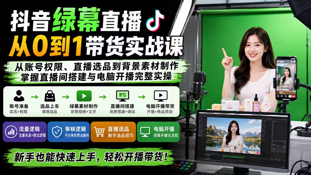 抖音绿幕直播从0到1带货实战课：从账号权限、直播选品到背景素材制作，掌握直播间搭建与电脑开播完整实操-朽念云创