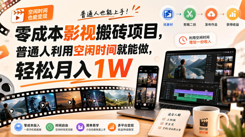 零门槛影视搬砖项目，月入万元，玩法稳定普通人可落地的长期副业！-朽念云创