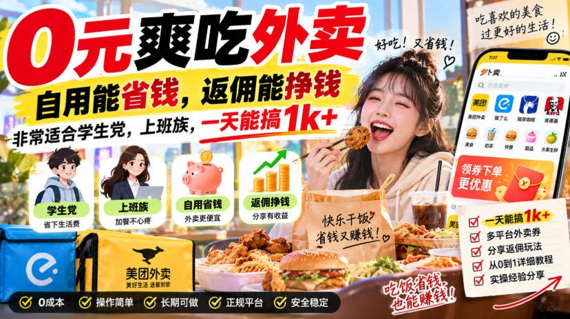 0元爽吃外卖，自用能省钱，返佣能挣钱，非常适合学生党，上班族，一天能搞1k+-朽念云创