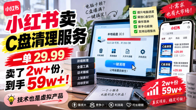 小红书卖C盘清理服务，一单29.99，卖了2w+份，技术也是虚拟产品-朽念云创
