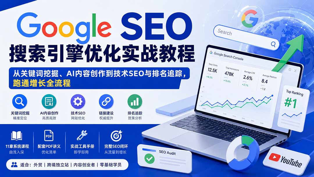Google SEO搜索引擎优化实战教程：从关键词挖掘、AI内容创作到技术SEO与排名追踪，跑通增长全流程-朽念云创