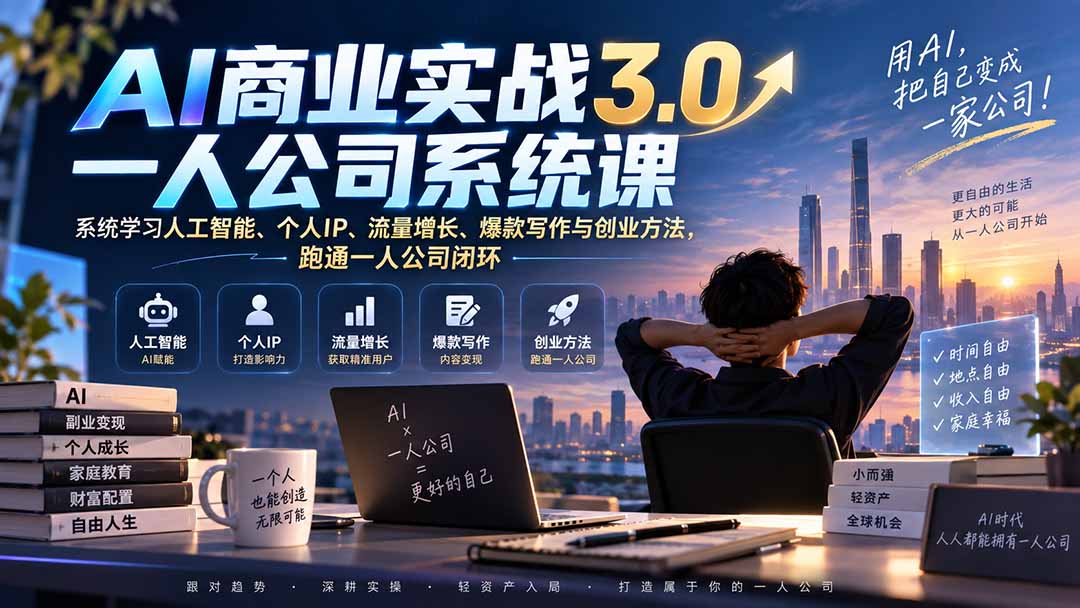 AI商业实战3.0一人公司系统课：系统学习人工智能、个人IP、流量增长、爆款写作与创业方法，跑通一人公司闭环-朽念云创