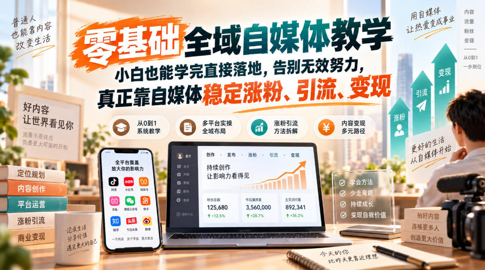零基础全域自媒体教学，小白也能学完直接落地，告别无效努力，真正靠自媒体稳定涨粉、引流、变现-朽念云创