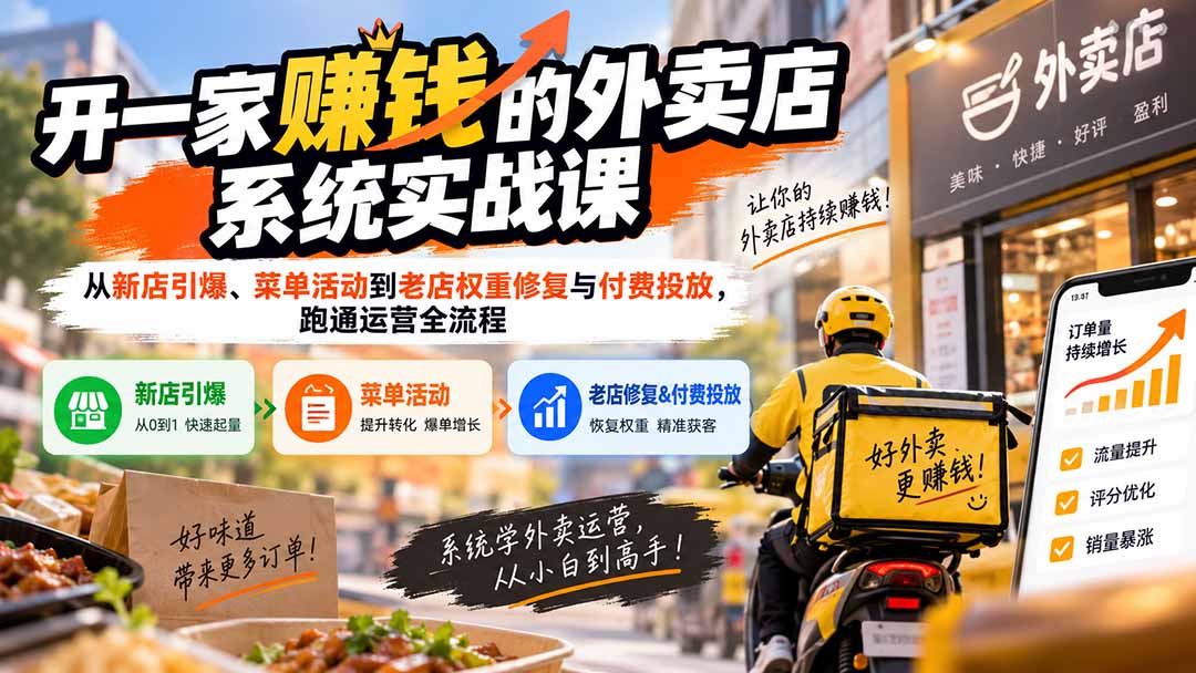 开一家赚钱的外卖店系统实战课：从新店引爆、菜单活动到老店权重修复与付费投放，跑通运营全流程-朽念云创