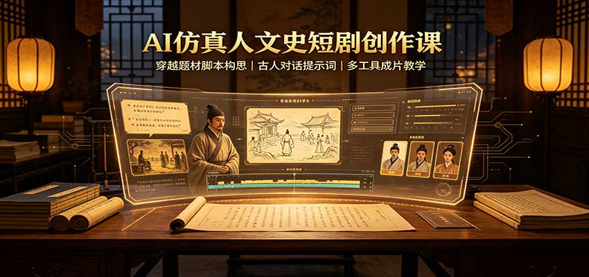 AI仿真人文史短剧创作课：穿越题材脚本构思，古人对话提示词，多工具成片教学-朽念云创