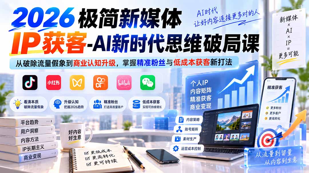 2026极简新媒体IP获客-AI新时代思维破局课：从破除流量假象到商业认知升级，掌握精准粉丝与低成本获客新打法-朽念云创