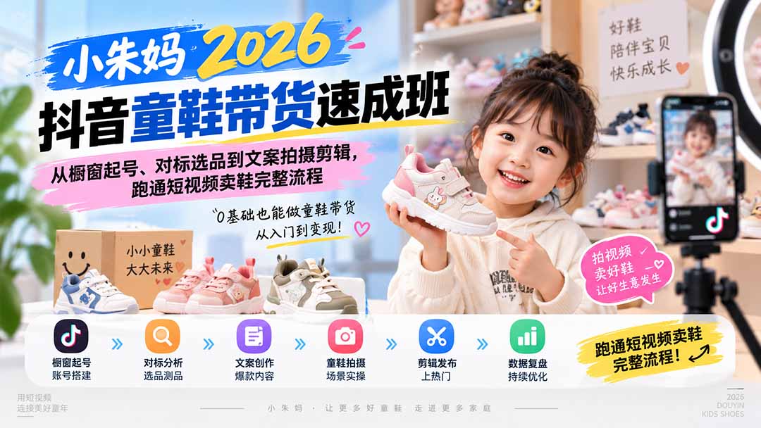小朱妈2026抖音童鞋带货速成班：从橱窗起号、对标选品到文案拍摄剪辑，跑通短视频卖鞋完整流程-朽念云创