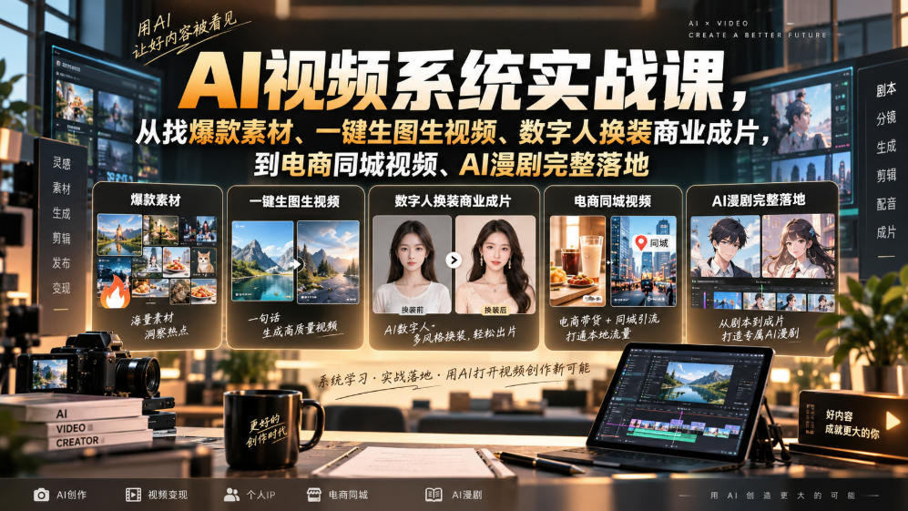 AI视频系统实战课，从找爆款素材、一键生图生视频、数字人换装商业成片，到电商同城视频、AI漫剧完整落地-朽念云创