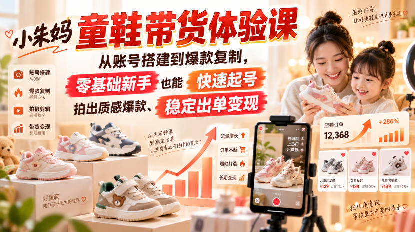 小朱妈童鞋带货体验课，从账号搭建到爆款复制，零基础新手也能快速起号、拍出质感爆款、稳定出单变现-朽念云创