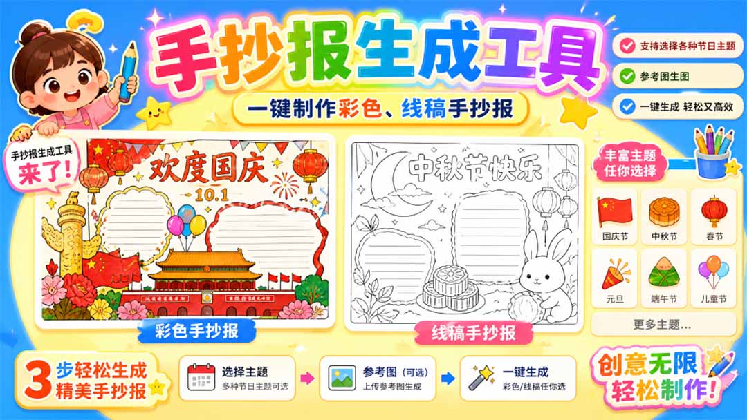手抄报批量生成工具来了，完全免费，告别豆包生图，这个高清无水印-朽念云创