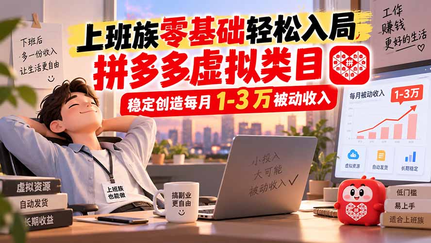 上班族零基础轻松入局，拼多多虚拟类目，稳定创造每月 1-3 万被动收入-朽念云创